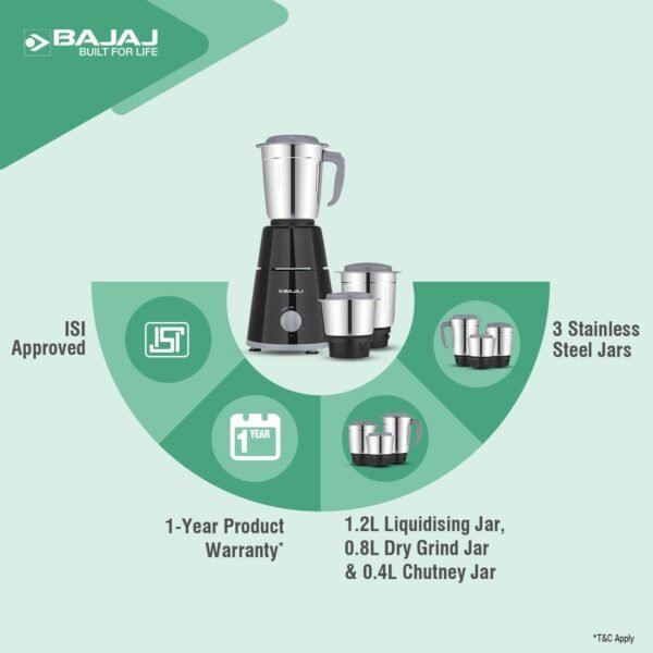 Bajaj GX-1 Mixer Grinder 500 W|Superior Mixie For Kitchen|2-in-1 for Dry Grinding| Blade Function With Titan Motor|3 Stainless Steel Mixer Jars|1 Year Product Warranty By Bajaj|Black