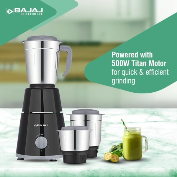 Bajaj GX-1 Mixer Grinder 500 W|Superior Mixie For Kitchen|2-in-1 for Dry Grinding| Blade Function With Titan Motor|3 Stainless Steel Mixer Jars|1 Year Product Warranty By Bajaj|Black