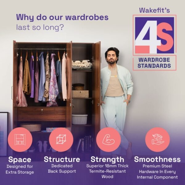 Wakefit Wardrobe | 1 Year Warranty | Almirah, Cupboard for Clothes, Wooden Almirah for Clothes, Diwali Gifts, Twill 2 Door Without Mirror, No Drawer & No Hanging Space, 18MM Panels (Dark Brown)