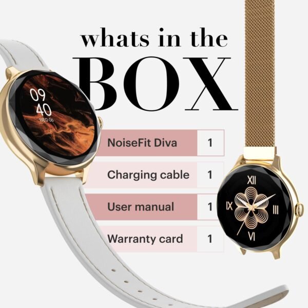 Noise Diva Smartwatch with Diamond Cut dial, Glossy Metallic Finish, AMOLED Display, Mesh Metal and Leather Strap Options, 100+ Watch Faces, Female Cycle Tracker Smart Watch for Women (Pearl White)