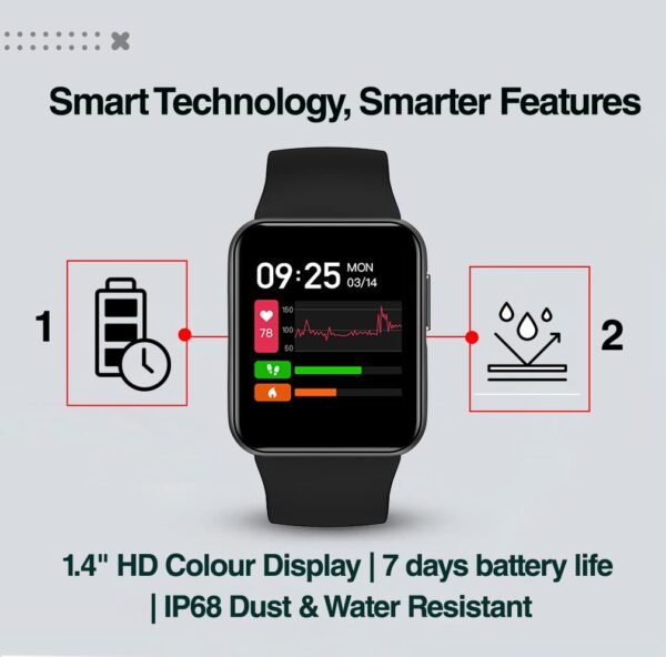 GOQii Smart Vital Lite SpO2 1.4" HD, Smart Notification Waterproof Smart Watch for Android Phones, Blood Oxygen, Fitness, Sports & Sleep Tracking with 3 Months Personal Coaching - Black