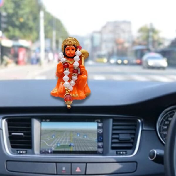 KRAAFTIQUE Marble Hanuman Ji Ki Murti in Blessing Posture with Gada Sitting Lord Balaji Bajrangbali Sankat Mochan Bhagwan Idol for Temple Car Dashboard Home Decor Statue Gift (Orange)