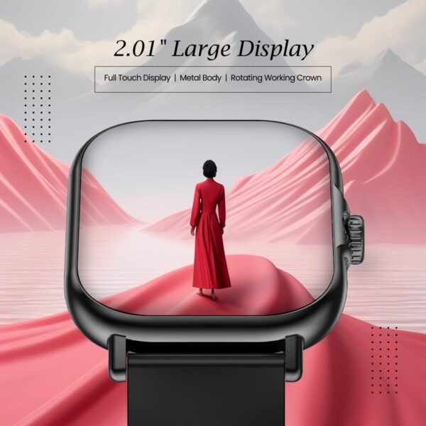 pTron Newly Launched Reflect Callz 2.01" Smartwatch with Bluetooth Calling, Full Touch Square Display, 600 NITS, Functional Crown, 100+ Watch Faces, HR, SpO2, 5 Days Battery Life & IP68 (Black)
