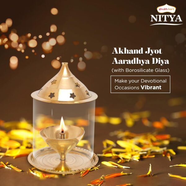 Shubhkart Nitya Akhand Jyot Aaradhya Brass Pooja Diya for Puja & Religious Rituals with Borosilicate Glass Cover for Home,Office & Temple | Traditional Gifting (6.8 Inch Height) - 251Gms