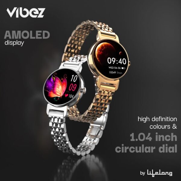 Vibez by Lifelong Ruby 1.04" AMOLED Smartwatch for Women with Metal Strap, Bluetooth Calling, 60 Hz, Voice Assistance, Female Cycle Tracker, IP68, Health Monitor(Gold, VBSW2214)