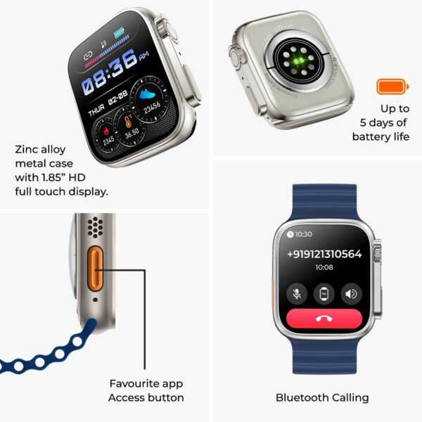 pTron Newly Launched Reflect Pro Smartwatch, Bluetooth Calling, 1.85" Full Touch Display, 600 NITS, Digital Crown, Metal Frame, 100+ Watch Faces, HR, SpO2, Voice Assist, 5 Days Battery Life (Blue)
