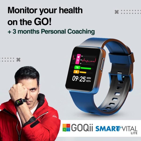 GOQii Smart Vital Lite SpO2 1.4" HD, Smart Notification Waterproof Smart Watch for Android Phones, Blood Oxygen, Fitness, Sports & Sleep Tracking with 3 Months Personal Coaching - Black