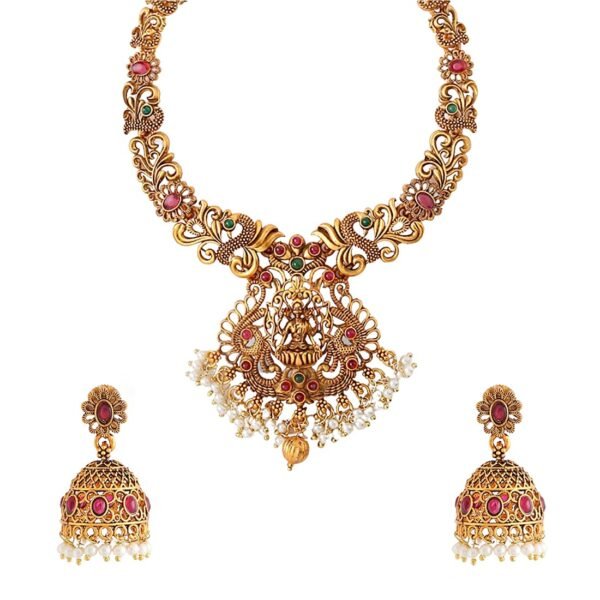 Yellow Chimes Necklace Set for Women And Girls Traditional Jewellery Set for Women Gold-Plated Temple Necklace Set Stone-Studded Necklace Set For Women & Girls