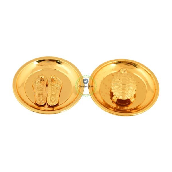 Great Art Gold Yantra Vaastu/Fengshui Tortoise/Turtle/Kachua and Shree Maa Lakshmi Footsteps Charan Paduka on Plate for Laxmi Pooja Diwali Puja Home, Temple & Daily Worship