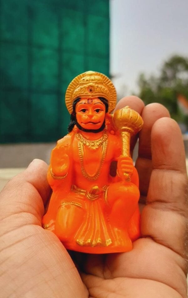 KRAAFTIQUE Marble Hanuman Ji Ki Murti in Blessing Posture with Gada Sitting Lord Balaji Bajrangbali Sankat Mochan Bhagwan Idol for Temple Car Dashboard Home Decor Statue Gift (Orange)