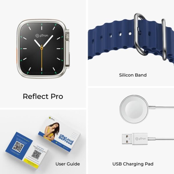 pTron Newly Launched Reflect Pro Smartwatch, Bluetooth Calling, 1.85" Full Touch Display, 600 NITS, Digital Crown, Metal Frame, 100+ Watch Faces, HR, SpO2, Voice Assist, 5 Days Battery Life (Blue)