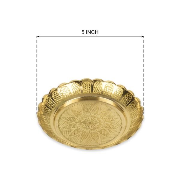 Klassic 5 Inch Engraved Small Brass Pooja Thali Brass | Handcrafted | Unique Design | Best for Prasad Bhog, Pooja, Navratri (Pack of 1, Golden)