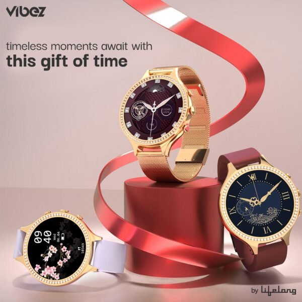 Vibez by Lifelong Jewel Premium Luxury Smartwatch for Women with 1.32 inch HD Display, 3 Additional Straps, Bluetooth Calling, Voice Assistance, Health Tracker, Multiple Watch Faces