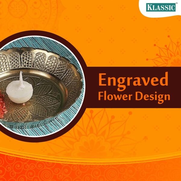 Klassic 5 Inch Engraved Small Brass Pooja Thali Brass | Handcrafted | Unique Design | Best for Prasad Bhog, Pooja, Navratri (Pack of 1, Golden)