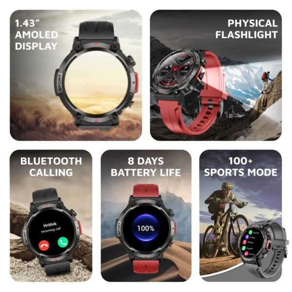 Cult Ranger XR1-1.43" AMOLED Display,Outdoor Rugged Smartwatch for Men, Bluetooth Calling, 8 Days Battery, Continous Heart Rate,100+ Sports Mode, Live Cricket Score, Built-in Flashlight, Free Strap