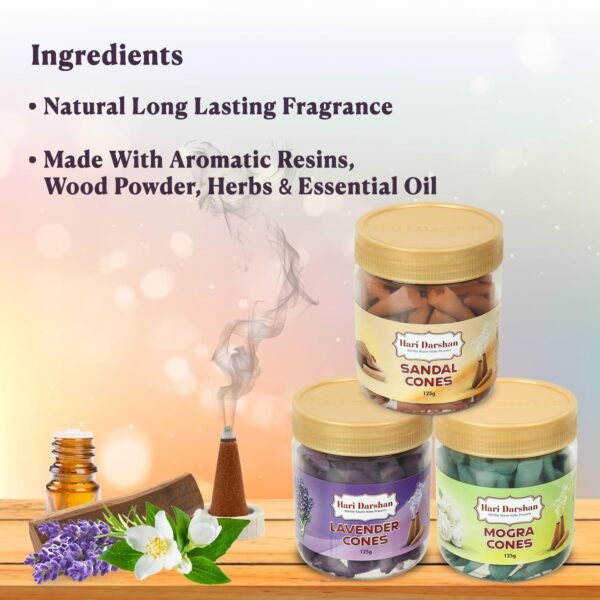 Hari Darshan Dhoop Cones Combo 3 Fragrance Sandal, Mogra,Lavender -125g Each, Organic Dry Dhoop, Long Lasting Fragrance for Daily Pooja,Meditation and Yoga