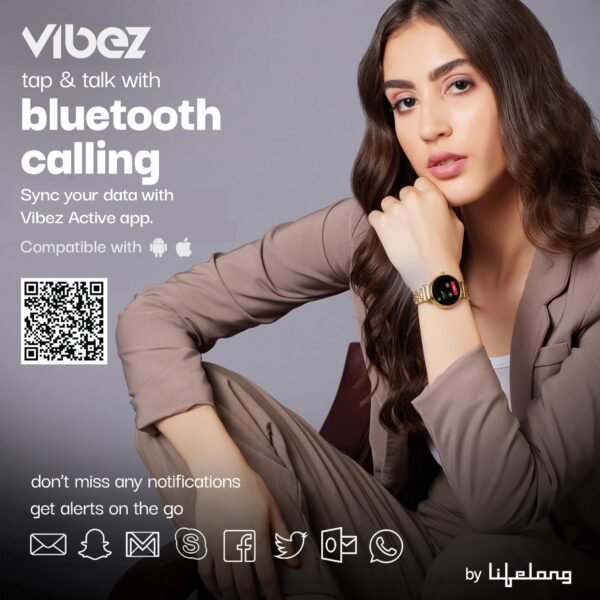 Vibez by Lifelong Ruby 1.04" AMOLED Smartwatch for Women with Metal Strap, Bluetooth Calling, 60 Hz, Voice Assistance, Female Cycle Tracker, IP68, Health Monitor(Gold, VBSW2214)