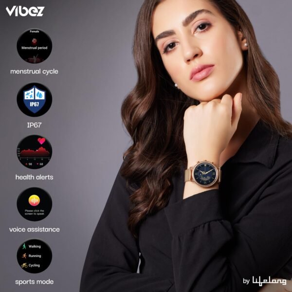 Vibez by Lifelong Jewel Premium Luxury Smartwatch for Women with 1.32 inch HD Display, 3 Additional Straps, Bluetooth Calling, Voice Assistance, Health Tracker, Multiple Watch Faces