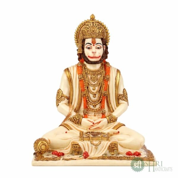 INDICAST Resin 8" Hanuman ji Sitting Statue Fine Gold Painting Idol Gift Article Decorative Showpiece Handcrafted Balaji Murti for Home Gifting Purpose Sculpture