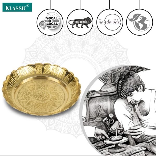 Klassic 5 Inch Engraved Small Brass Pooja Thali Brass | Handcrafted | Unique Design | Best for Prasad Bhog, Pooja, Navratri (Pack of 1, Golden)