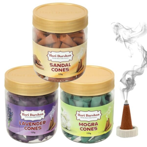 Hari Darshan Dhoop Cones Combo 3 Fragrance Sandal, Mogra,Lavender -125g Each, Organic Dry Dhoop, Long Lasting Fragrance for Daily Pooja,Meditation and Yoga