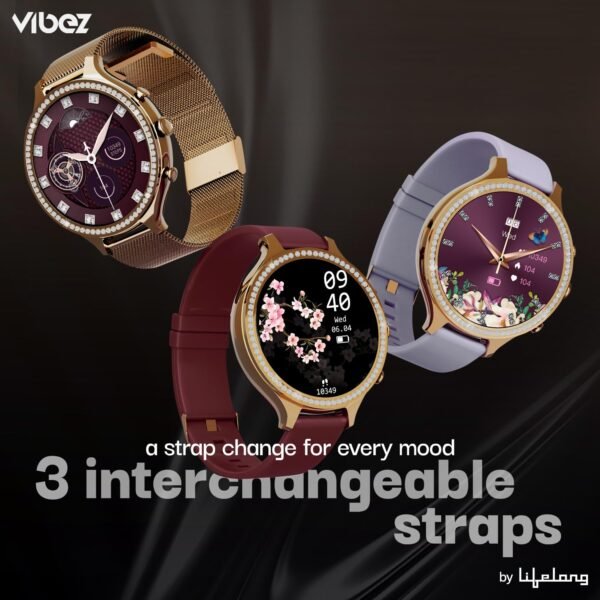 Vibez by Lifelong Jewel Premium Luxury Smartwatch for Women with 1.32 inch HD Display, 3 Additional Straps, Bluetooth Calling, Voice Assistance, Health Tracker, Multiple Watch Faces
