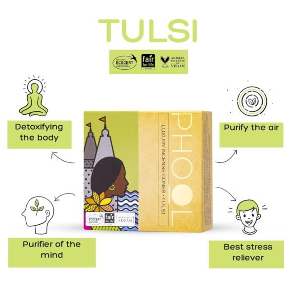 PHOOL LUXURY INCENSE Devotion Pack Of 2 Natural Incense Cones | Fragrance - Tulsi & Jasmine | Special Char Dham Yatra Pack | 80 Natural & Organic Dhoop Cones For Pooja | Free Dhoop Stand Inside