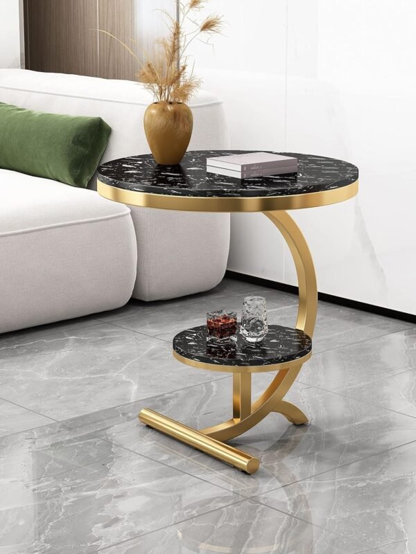 EXPRESSOW ENTERPRISES Luxury Marble Look End Table Sofa Side Table Corner Table with Storage Shelf for Home & Living Room Small Round Indoor Outdoor Coffee Table (Gold Black)