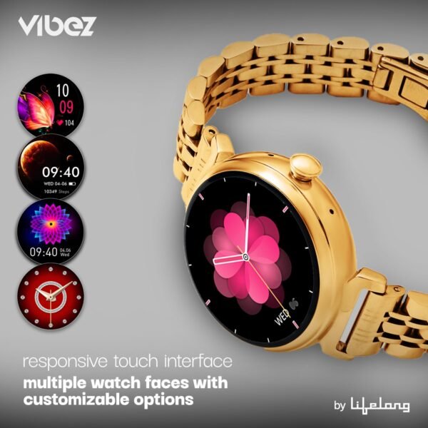 Vibez by Lifelong Ruby 1.04" AMOLED Smartwatch for Women with Metal Strap, Bluetooth Calling, 60 Hz, Voice Assistance, Female Cycle Tracker, IP68, Health Monitor(Gold, VBSW2214)