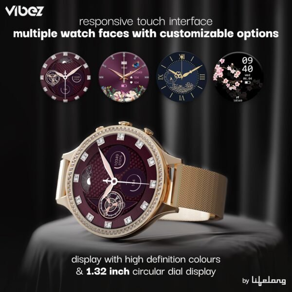 Vibez by Lifelong Jewel Premium Luxury Smartwatch for Women with 1.32 inch HD Display, 3 Additional Straps, Bluetooth Calling, Voice Assistance, Health Tracker, Multiple Watch Faces