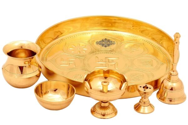 INDIAN ART VILLA Pure Brass Pooja Thali Set with Ashtmangal Beeded Design, Religious Spiritual Item, Home Temple, Diameter-8.1" Inch