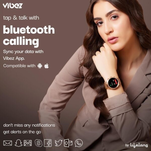 Vibez by Lifelong Jewel Premium Luxury Smartwatch for Women with 1.32 inch HD Display, 3 Additional Straps, Bluetooth Calling, Voice Assistance, Health Tracker, Multiple Watch Faces