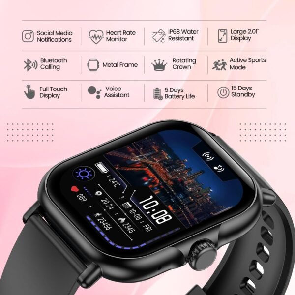 pTron Newly Launched Reflect Callz 2.01" Smartwatch with Bluetooth Calling, Full Touch Square Display, 600 NITS, Functional Crown, 100+ Watch Faces, HR, SpO2, 5 Days Battery Life & IP68 (Black)