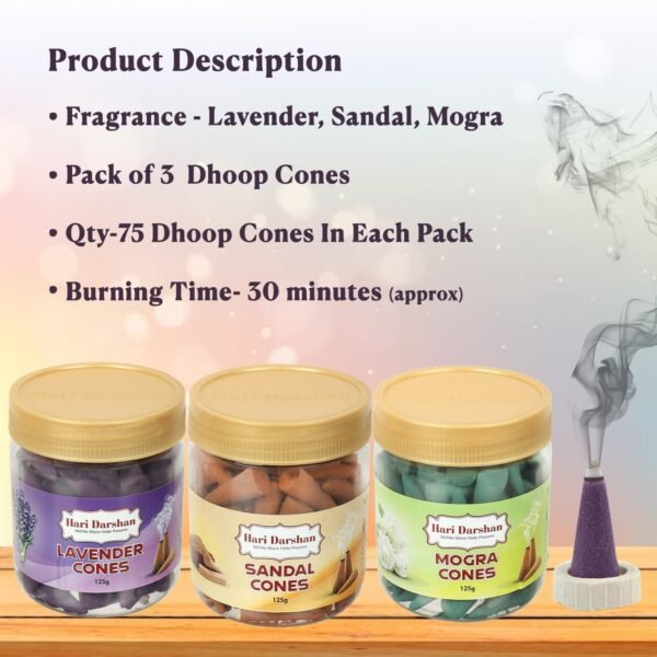 Hari Darshan Dhoop Cones Combo 3 Fragrance Sandal, Mogra,Lavender -125g Each, Organic Dry Dhoop, Long Lasting Fragrance for Daily Pooja,Meditation and Yoga