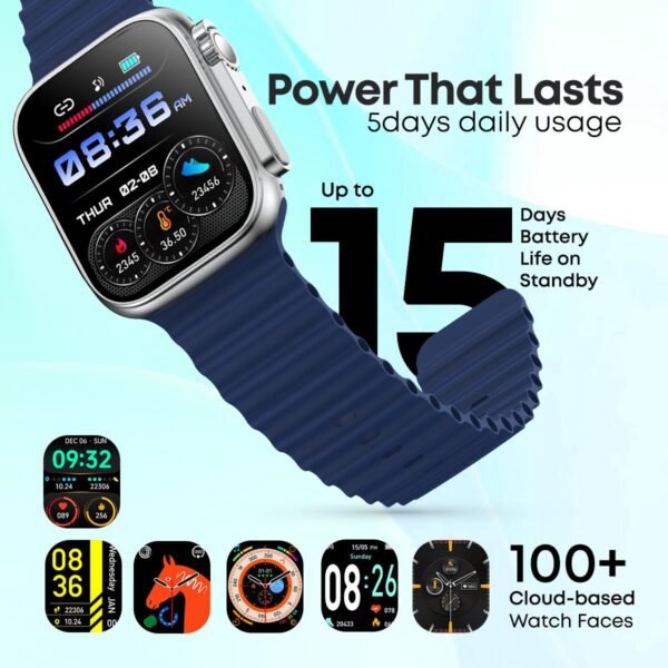 pTron Newly Launched Reflect Pro Smartwatch, Bluetooth Calling, 1.85" Full Touch Display, 600 NITS, Digital Crown, Metal Frame, 100+ Watch Faces, HR, SpO2, Voice Assist, 5 Days Battery Life (Blue)