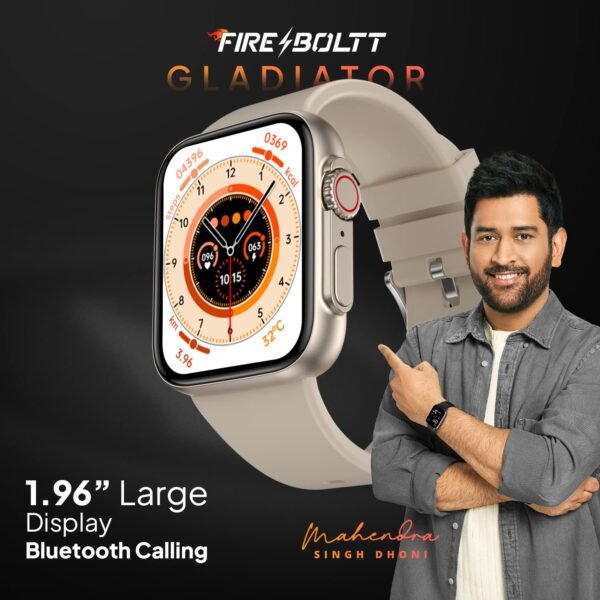 Fire-Boltt Gladiator 1.96" Biggest Display Smart Watch with Bluetooth Calling, Voice Assistant &123 Sports Modes, 8 Unique UI Interactions, SpO2, 24/7 Heart Rate Tracking (Light Gold)