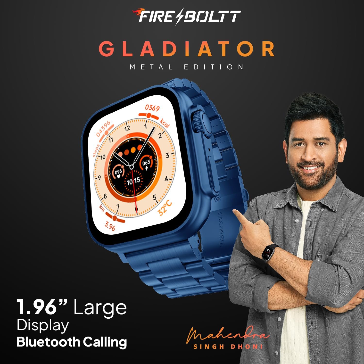 Fire-Boltt Gladiator 1.96" Biggest Display Luxury Stainless Steel Smart Watch with Bluetooth Calling, Voice Assistant &123 Sports Modes, 8 Unique UI Interactions, 24/7 Heart Rate Tracking (Blue)
