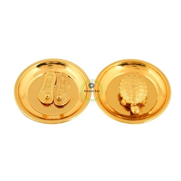 Great Art Gold Yantra Vaastu/Fengshui Tortoise/Turtle/Kachua and Shree Maa Lakshmi Footsteps Charan Paduka on Plate for Laxmi Pooja Diwali Puja Home, Temple & Daily Worship