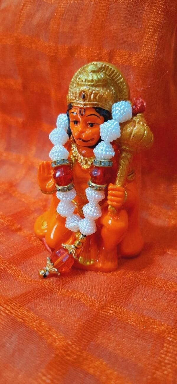KRAAFTIQUE Marble Hanuman Ji Ki Murti in Blessing Posture with Gada Sitting Lord Balaji Bajrangbali Sankat Mochan Bhagwan Idol for Temple Car Dashboard Home Decor Statue Gift (Orange)