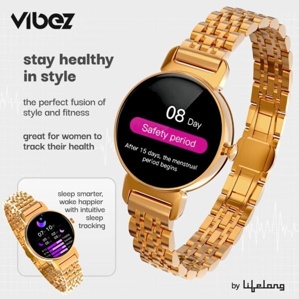 Vibez by Lifelong Ruby 1.04" AMOLED Smartwatch for Women with Metal Strap, Bluetooth Calling, 60 Hz, Voice Assistance, Female Cycle Tracker, IP68, Health Monitor(Gold, VBSW2214)