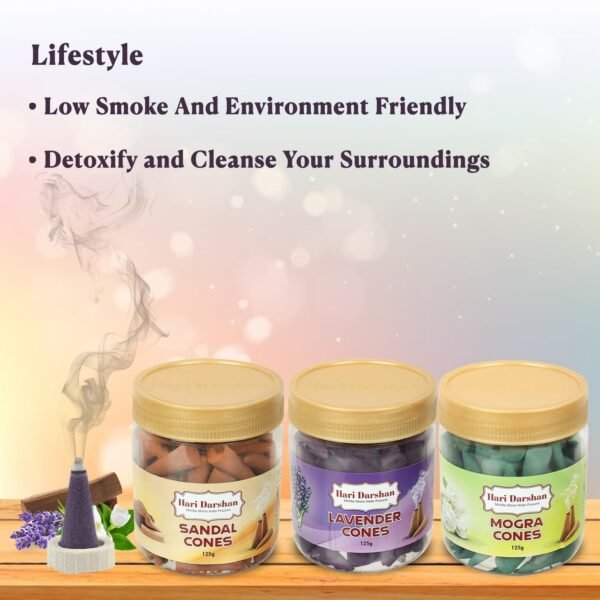 Hari Darshan Dhoop Cones Combo 3 Fragrance Sandal, Mogra,Lavender -125g Each, Organic Dry Dhoop, Long Lasting Fragrance for Daily Pooja,Meditation and Yoga