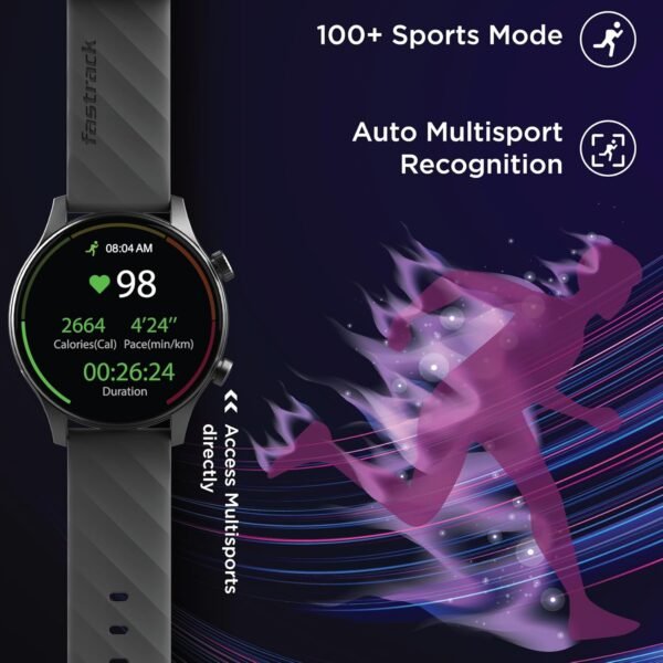 Fastrack Vivid Pro Smart Watch|1.43" AMOLED Display with 466 x 466 Pixel Resolution | Functional Crown| SingleSync BT Calling|100+ Sports Modes & Watchfaces|AI Voice Assistant|in-Built Games