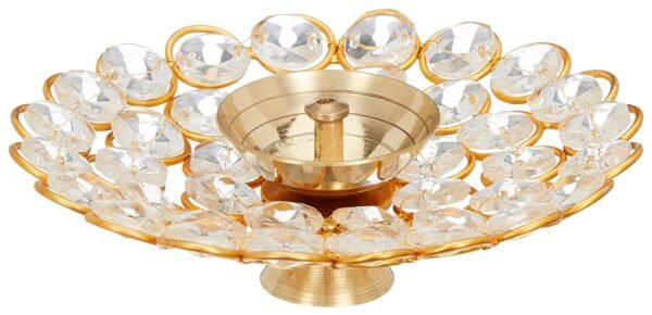 Amazon Brand - Solimo Brass Diya for Puja - Decorative Crystal Akhand Diya - Oil Pooja Lamp for Home Decor