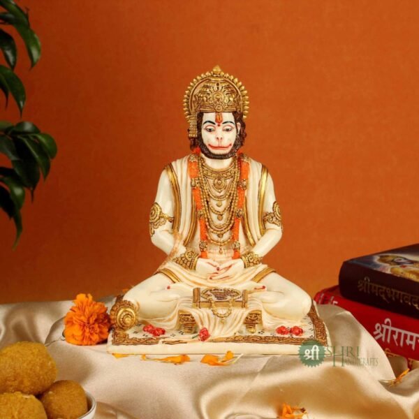 INDICAST Resin 8" Hanuman ji Sitting Statue Fine Gold Painting Idol Gift Article Decorative Showpiece Handcrafted Balaji Murti for Home Gifting Purpose Sculpture