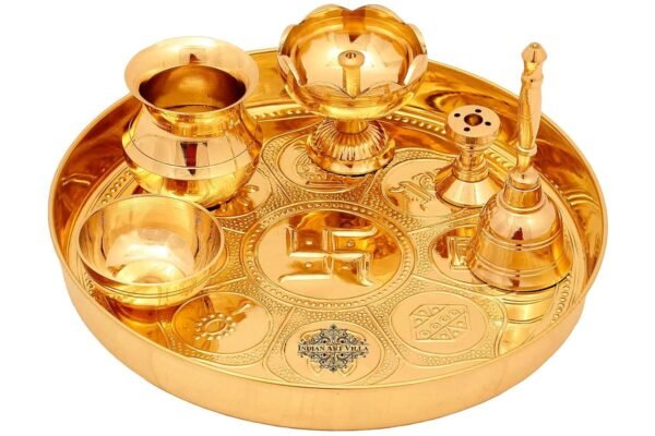 INDIAN ART VILLA Pure Brass Pooja Thali Set with Ashtmangal Beeded Design, Religious Spiritual Item, Home Temple, Diameter-8.1" Inch