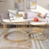 Friends & Furniture Laminated Marbled Coffee Table Set of 2 Round Tea Table Modern Multipurpose Center Table for Living Room Bedroom or Apartments (Gold & White)