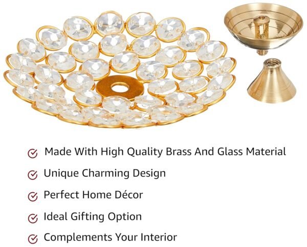 Amazon Brand - Solimo Brass Diya for Puja - Decorative Crystal Akhand Diya - Oil Pooja Lamp for Home Decor