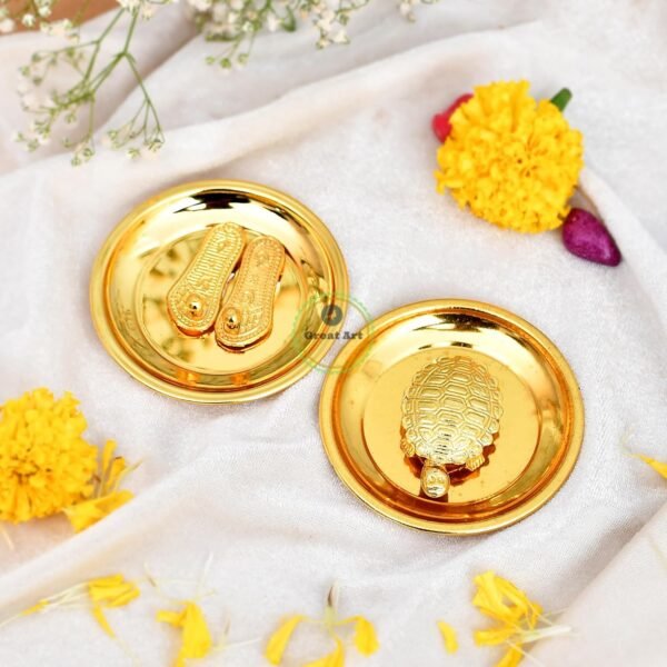 Great Art Gold Yantra Vaastu/Fengshui Tortoise/Turtle/Kachua and Shree Maa Lakshmi Footsteps Charan Paduka on Plate for Laxmi Pooja Diwali Puja Home, Temple & Daily Worship