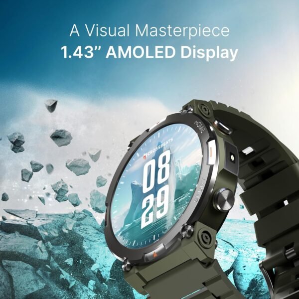 CrossBeats Everest 2.0 Smart Watch for Men 1.43" True AMOLED, Always ON Display Bluetooth Calling Rugged Outdoor with Flash Light Upto 15 Days Battery Life Smartwatch 100+ Sports Mode (Green)