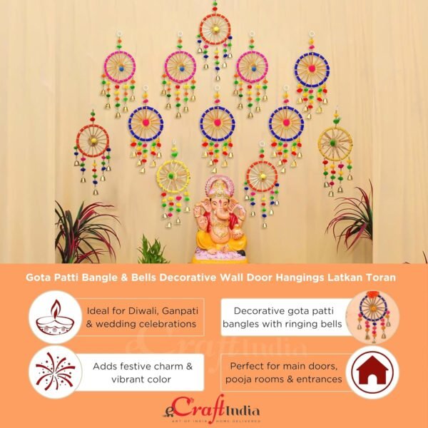 eCraftIndia Gota Patti Bangle & Bells Decorative Wall Door Hangings Latkan Toran for Main Door Entrance, Pooja Room- Wedding, Ganpati Navratri Diwali Decoration Items for Home Decor (Pack of 12)